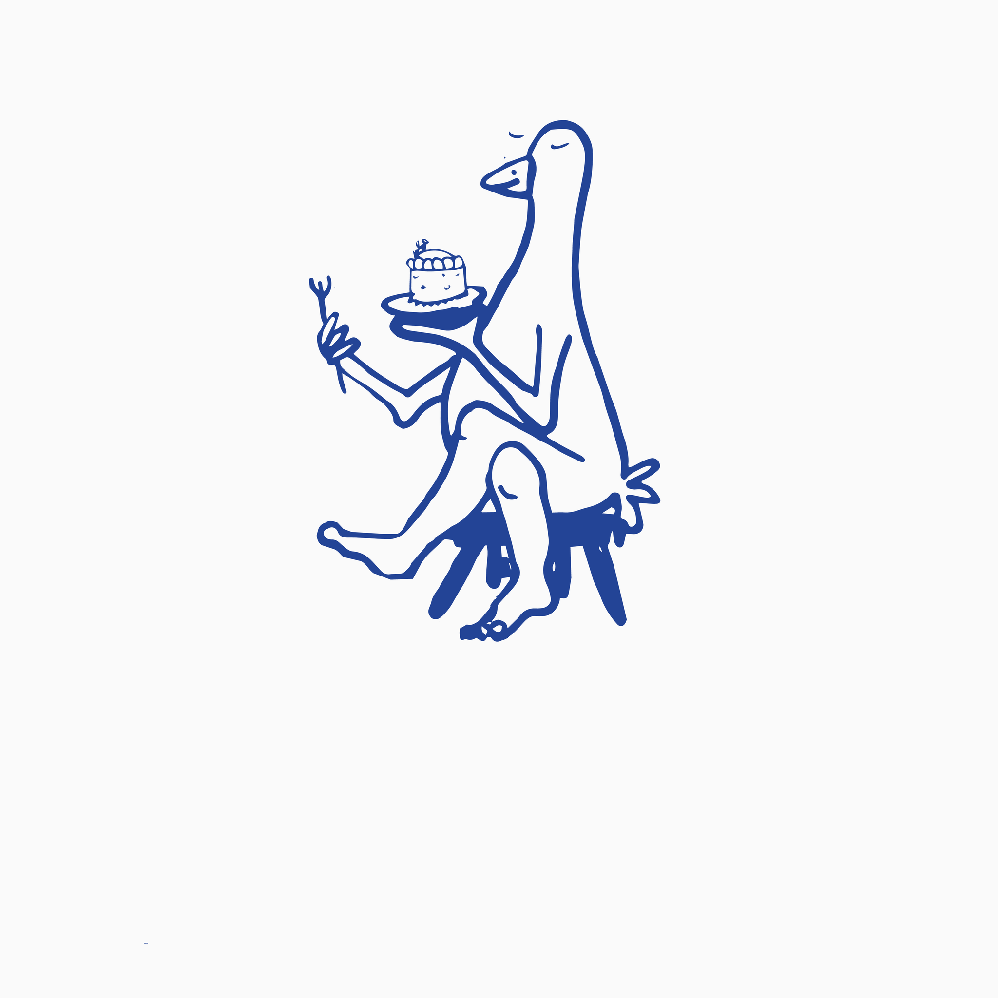 Blaue Illustration einer Gans, sitzend und ein Törtchen Essend.